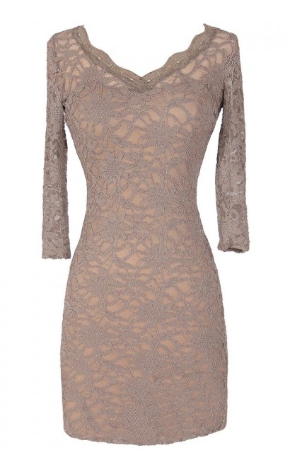 Open Back Fitted Lace Dress With Three Quarter Sleeves in Taupe